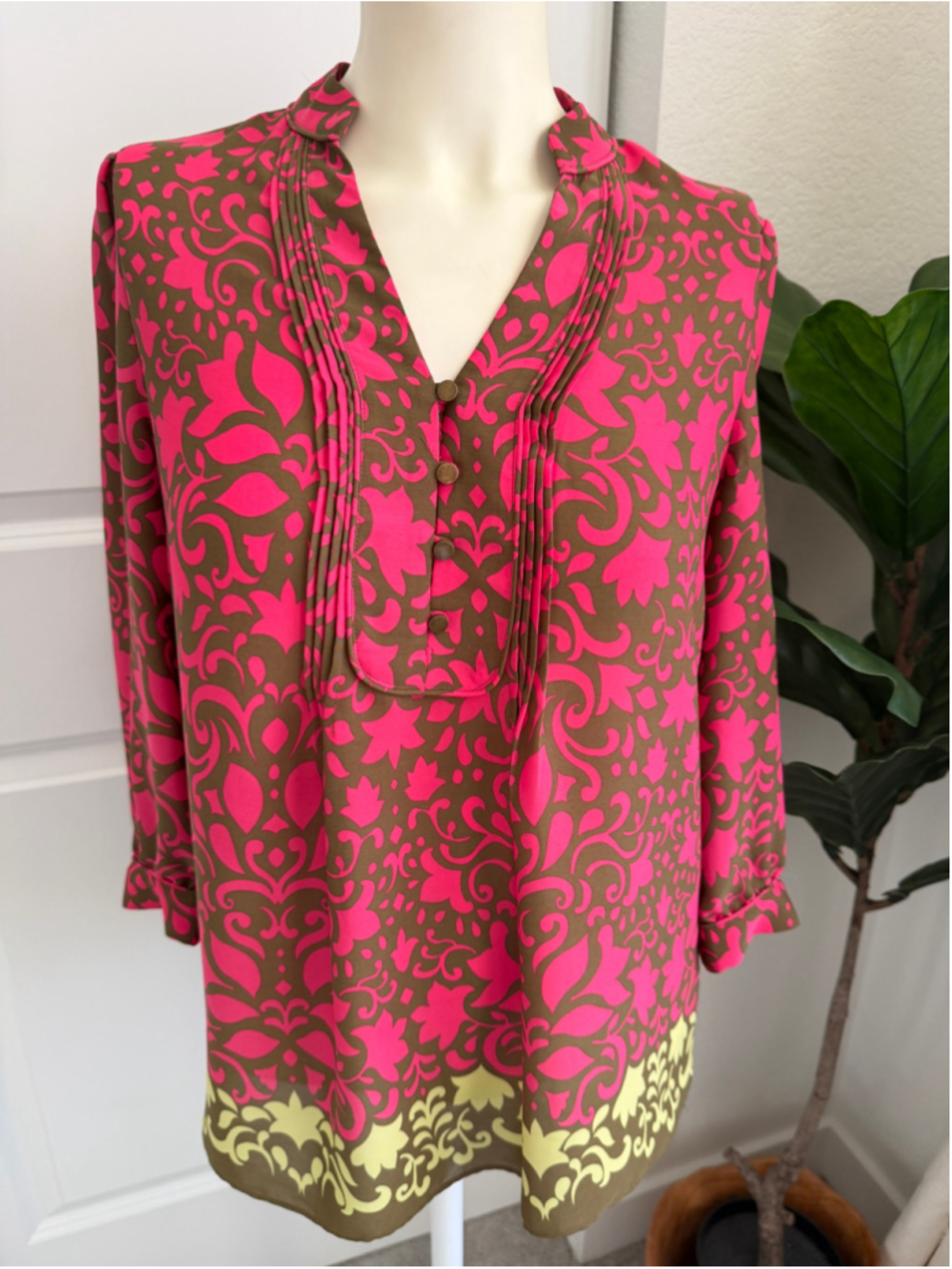 Banana Republic Floral Riviera Pleated Blouse Pink Brown XS